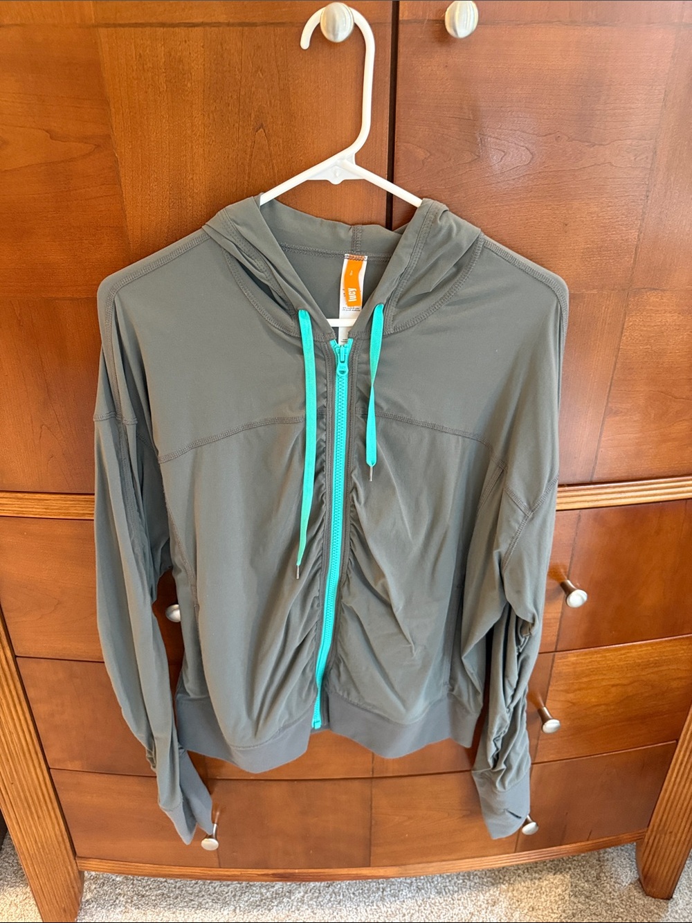 Lucy Lightweight Gray Hoodie Jacket with Teal Trim - worn once